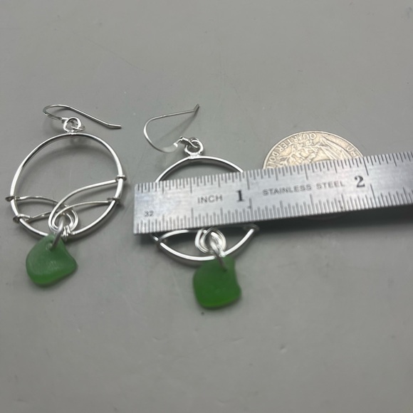 Green Sea Glass Geometric Sterling Silver Earrings - Picture 4 of 5